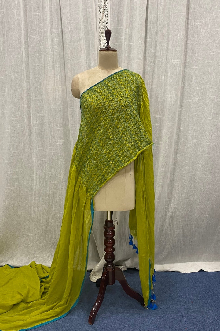 Green Smocking Muslin Saree with Blue Border