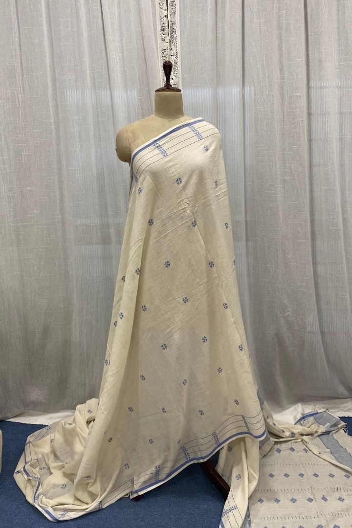 White Muslin Jamdani Saree with Blue Floral Buttis