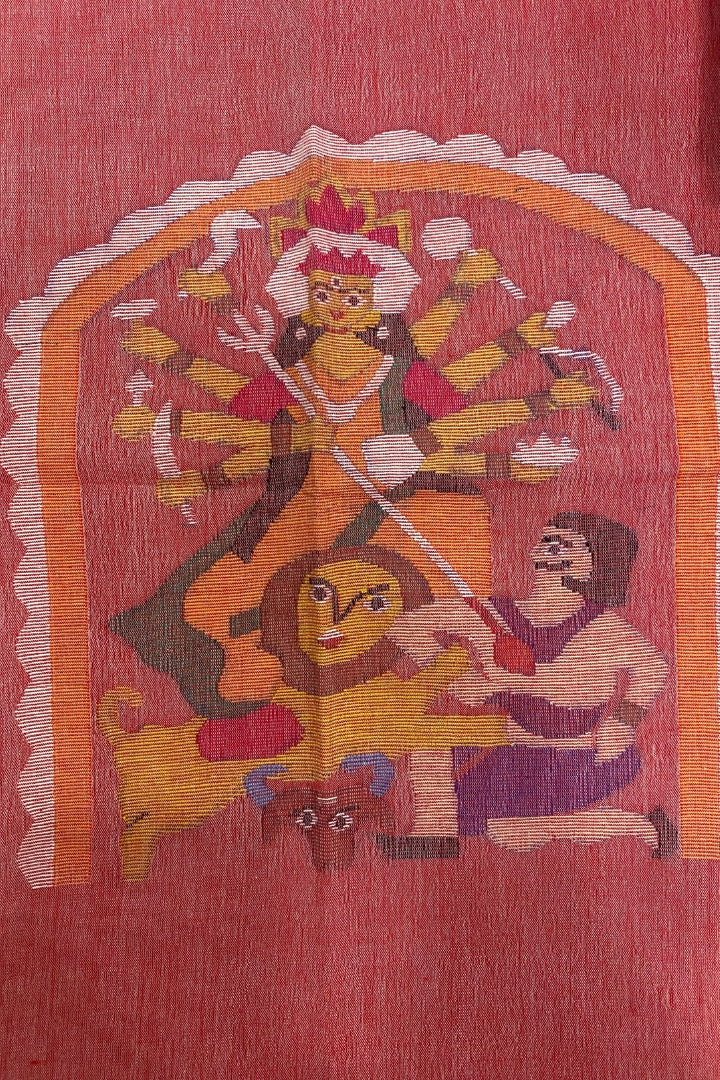 Red Durgamata Jamdani Fabric