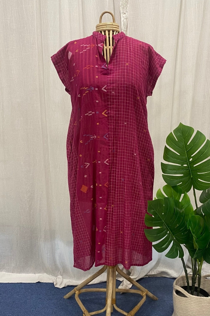 Magenta Pink Handwoven Muslin Jamdani Long Shirt Dress