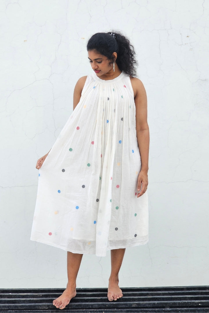 Handwoven White Muslin Jamdani Dress with Multicolour Polka dots Buttis
