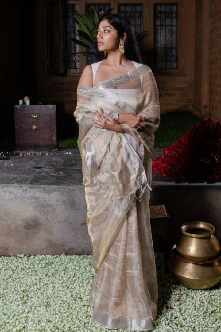 Silver-Gold Tissue saree with Silver Border
