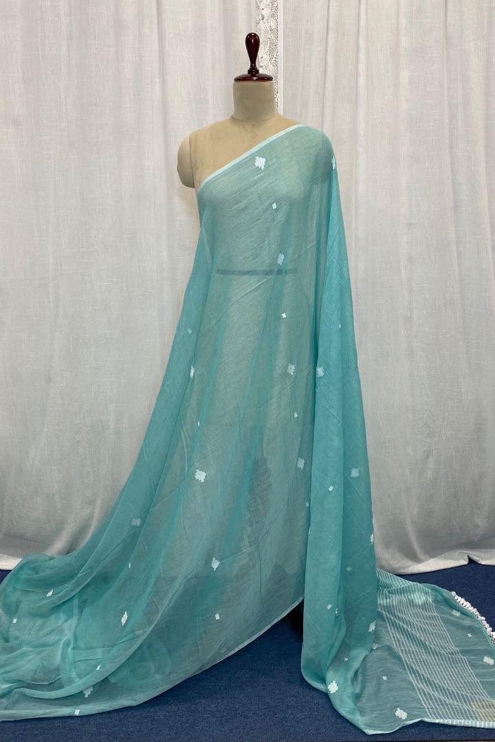 Ocean Blue Muslin Jamdani saree
