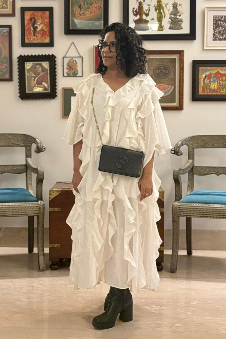 White Handwoven Muslin Ruffle Dress