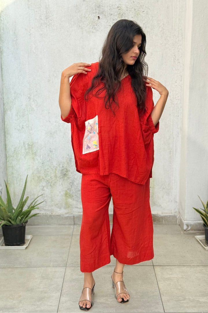 Deep Orange Muslin with Jamdani Pocket Co-ord Set