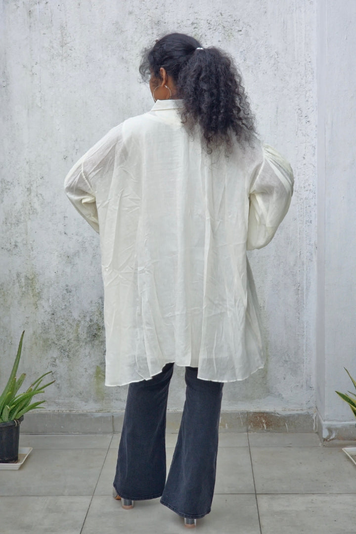 Ivory Handwoven Cotton-Silk Oversized Shirt Dress