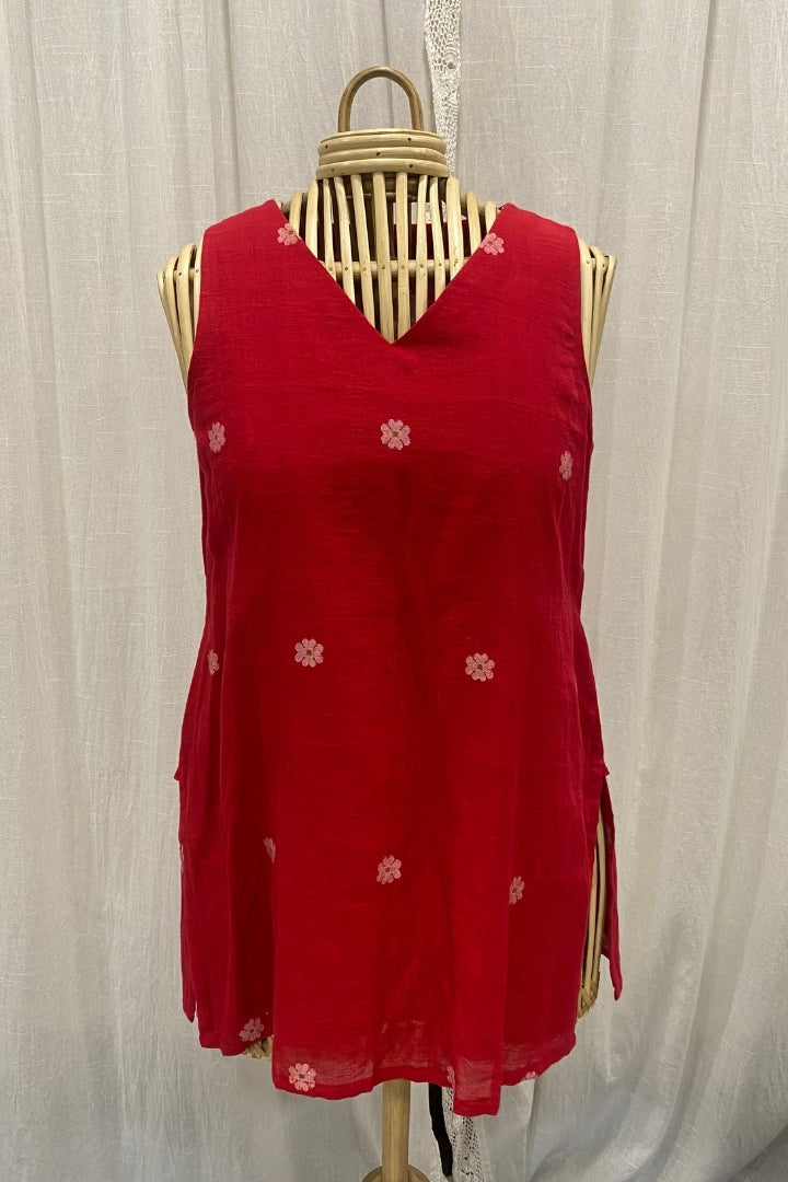 Ruby Red Handwoven Muslin Jamdani Kurta with Flower Buttis