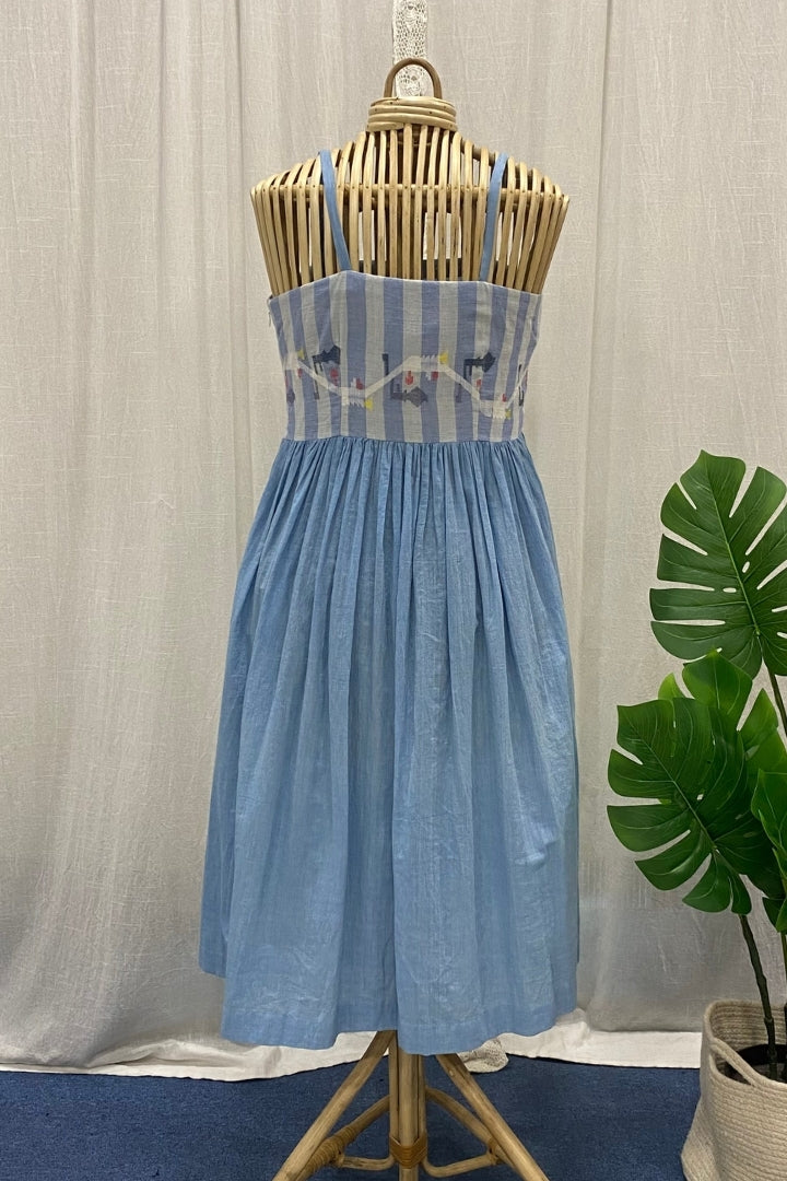 White and Blue Handwoven Muslin Jamdani Empire Dress