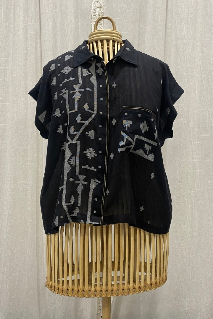 Black Muslin Jamdani Shirt with Pocket Detailing