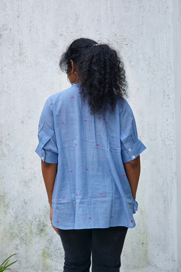 Ice Blue Handwoven Muslin Jamdani Oversized Top
