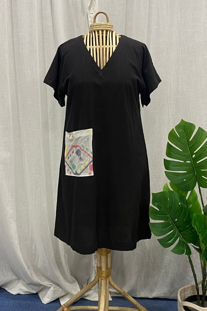 Black Handspun Khadi Dress with Contrast White Jamdani Pocket Detail