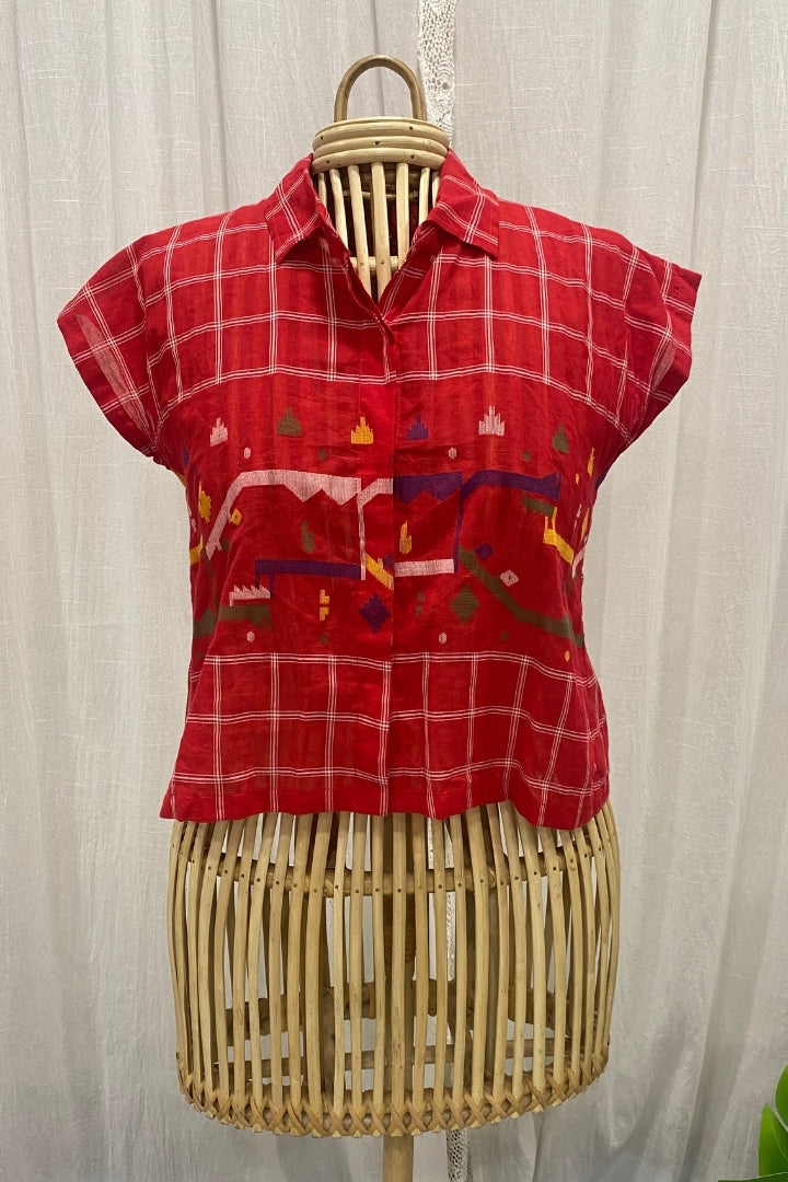 Red Muslin Jamdani Border Shirt