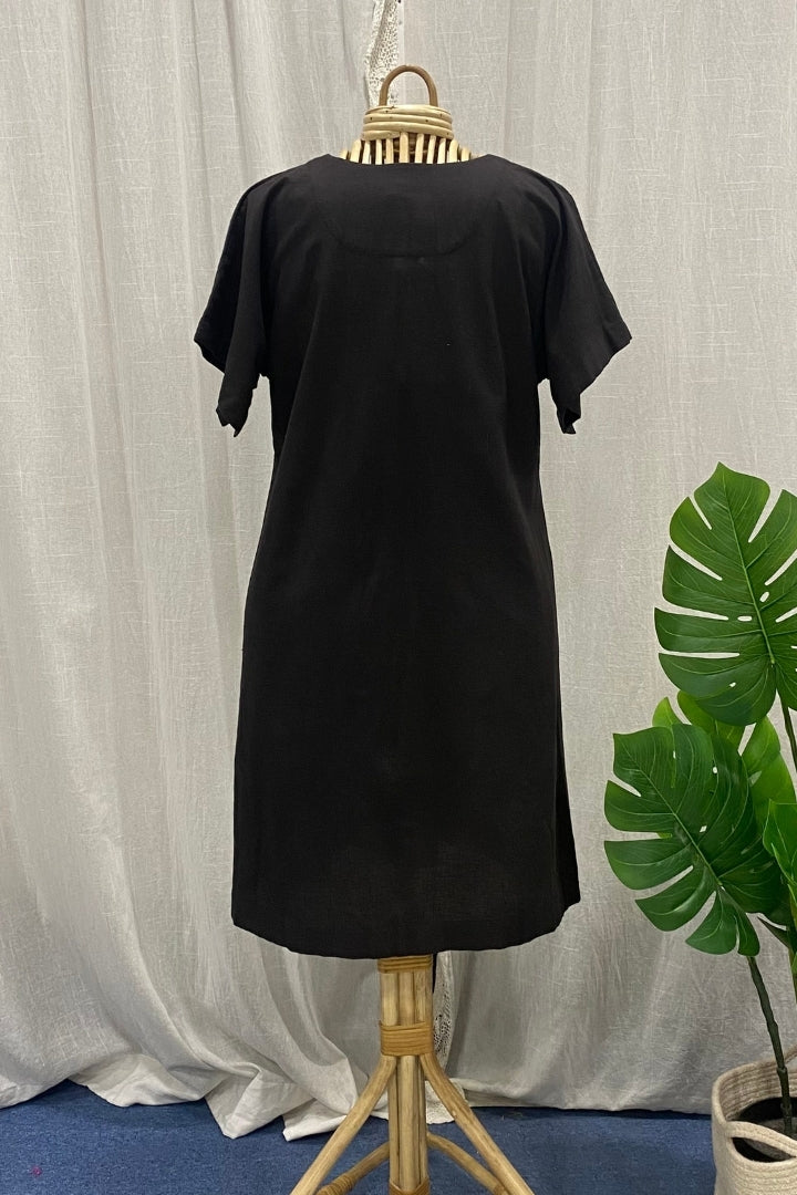 Black Handspun Khadi Dress with Contrast White Jamdani Pocket Detail
