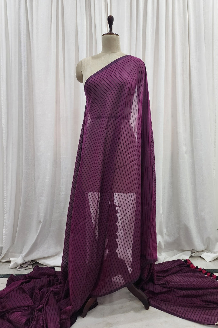 Wine and Black Stripes Muslin Saree