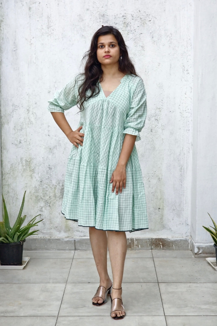Mint Green Handwoven Muslin Checkered Dress