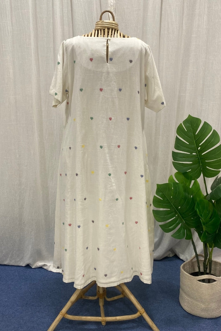 White Muslin Jamdani Dress with Multicolour Heart Buttis & Asymmetric Gathering