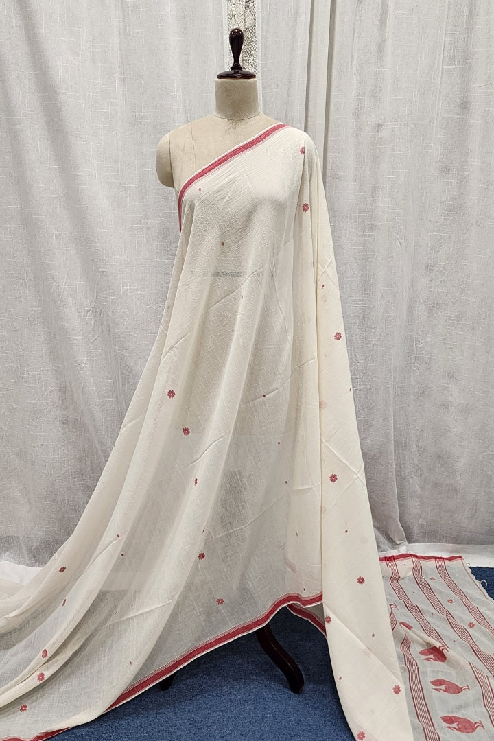 White Jamdani Saree with Floral Butis