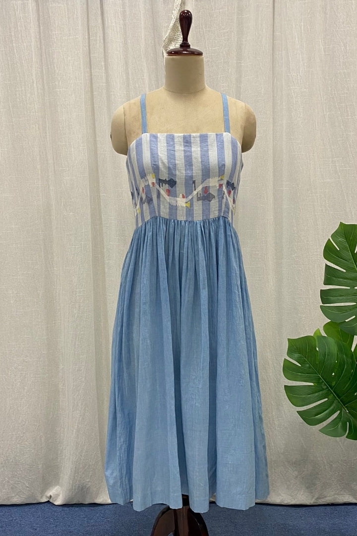 White and Blue Handwoven Muslin Jamdani Empire Dress