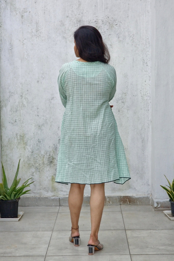Mint Green Handwoven Muslin Checkered Dress