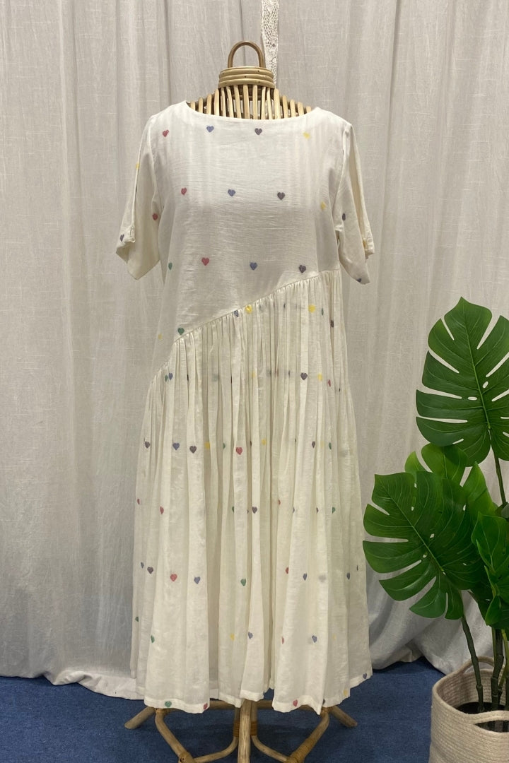 White Muslin Jamdani Dress with Multicolour Heart Buttis & Asymmetric Gathering