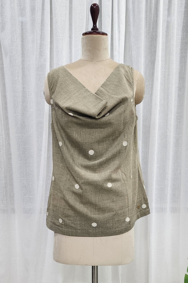Olive Green Jamdani Cowl Neck Top