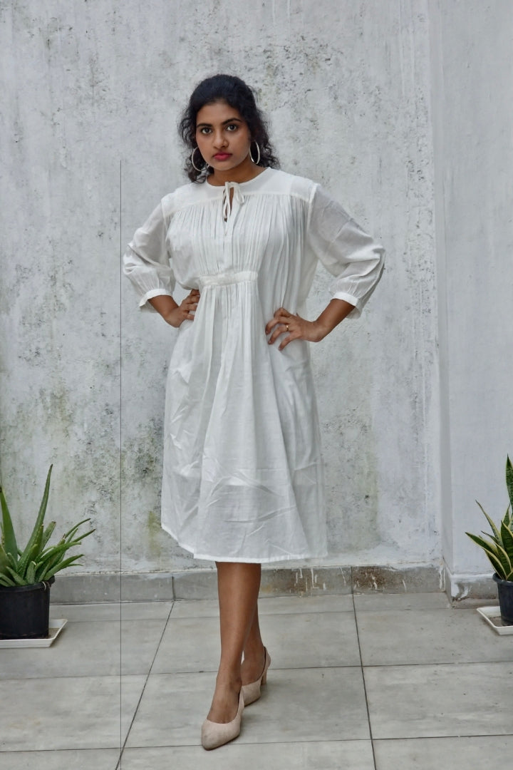 Handwoven White Muslin Midi Dress with Soft Gathers