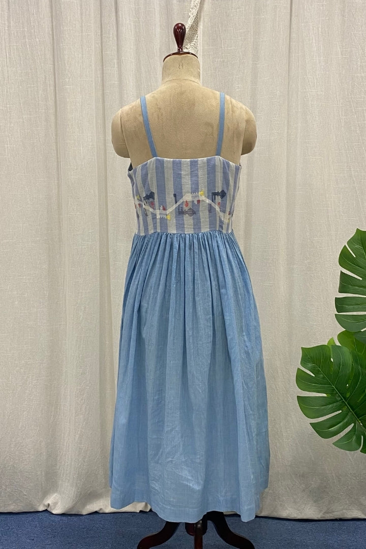 White and Blue Handwoven Muslin Jamdani Empire Dress