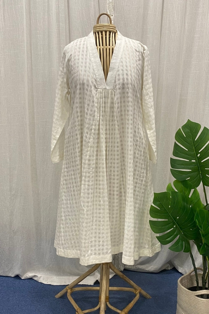White Handwoven Muslin with Self-Checks Dress