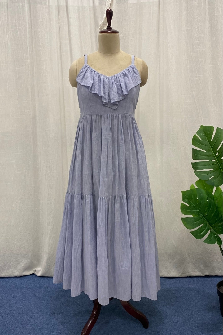 Ice Blue Handwoven Muslin Tiered Dress with Ruffled Neckline