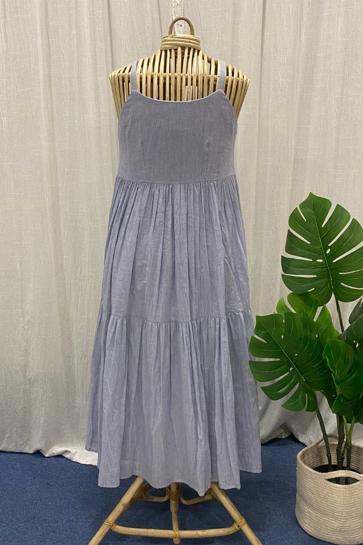 Ice Blue Handwoven Muslin Tiered Dress with Ruffled Neckline