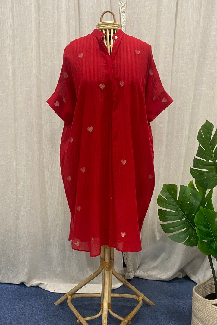 Crimson Red Muslin Jamdani Baggy Dress with Heart Buttis