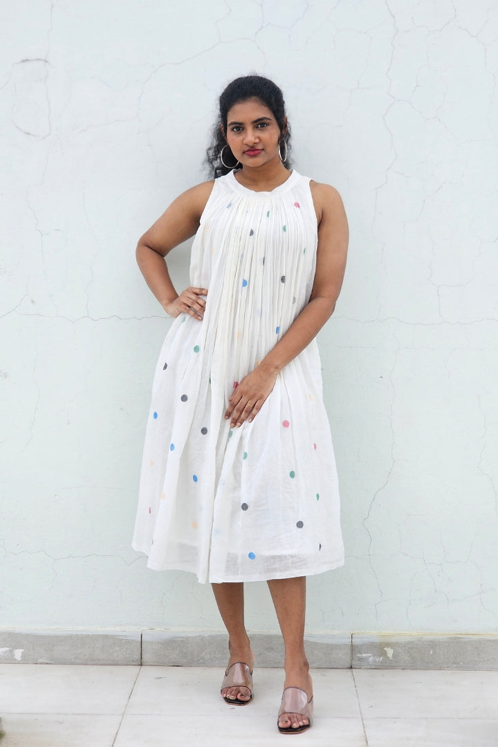 Handwoven White Muslin Jamdani Dress with Multicolour Polka dots Buttis