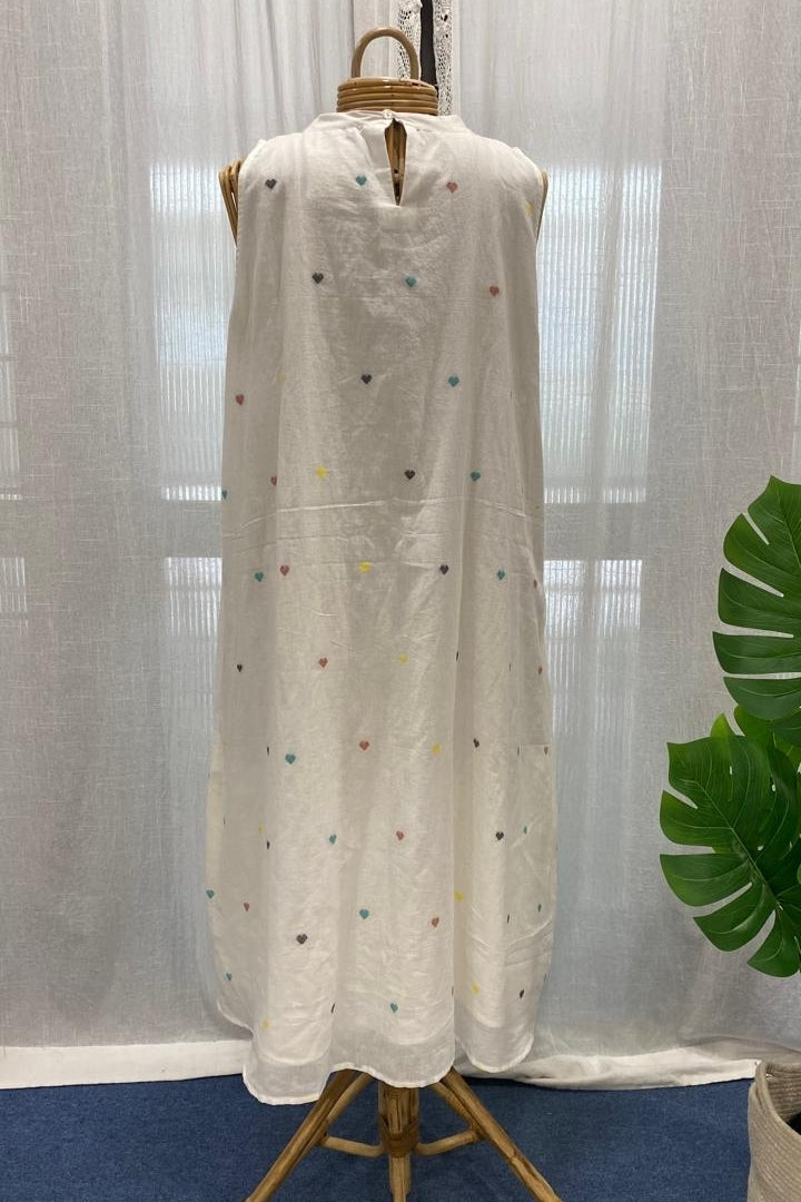 Handwoven White Muslin Jamdani Dress with Multicolour Heart Buttis