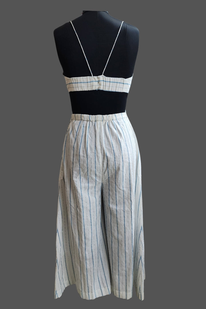 Back open white and blue stripes jumpsuit