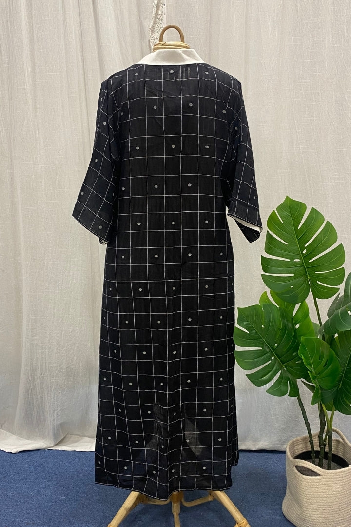 Black Handwoven Jamdani Assymetrical Dress with White Grid Checks