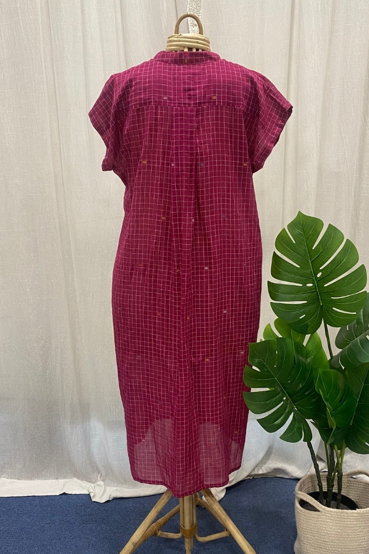 Magenta Pink Handwoven Muslin Jamdani Long Shirt Dress