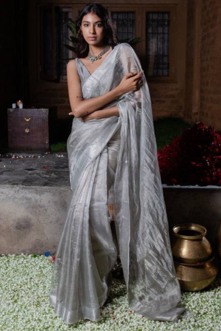 Silver Tissue Saree with Silver Border