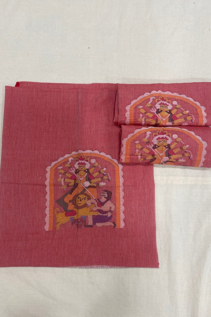 Red Durgamata Jamdani Fabric