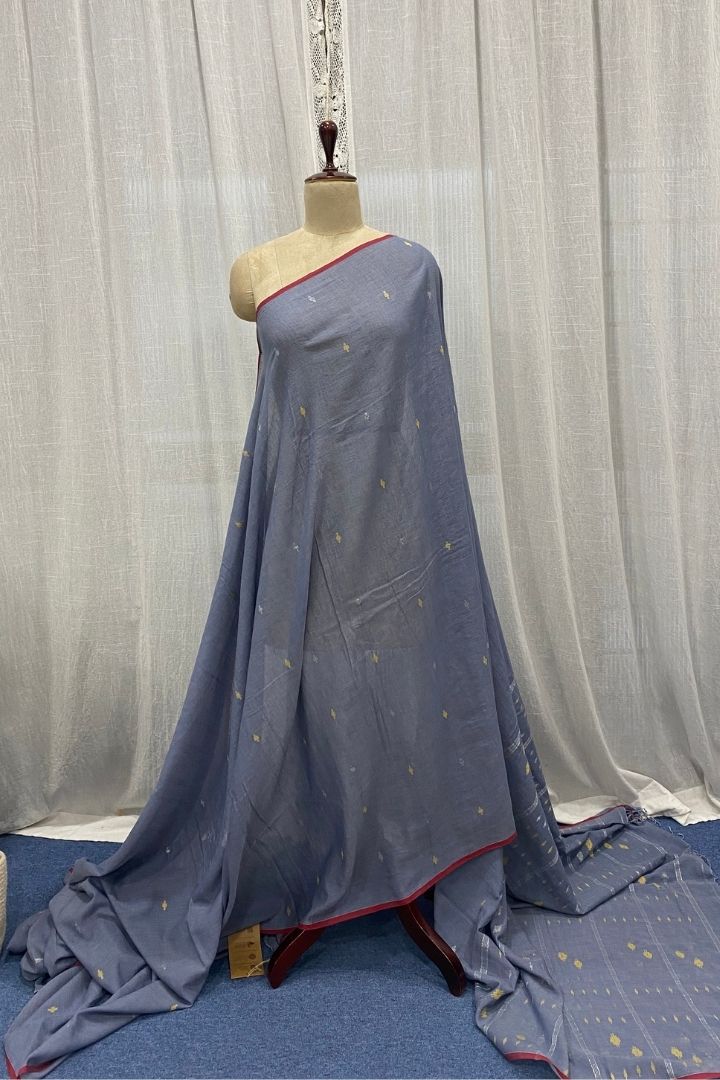 Steel Blue Muslin Jamdani Saree with  Buttis