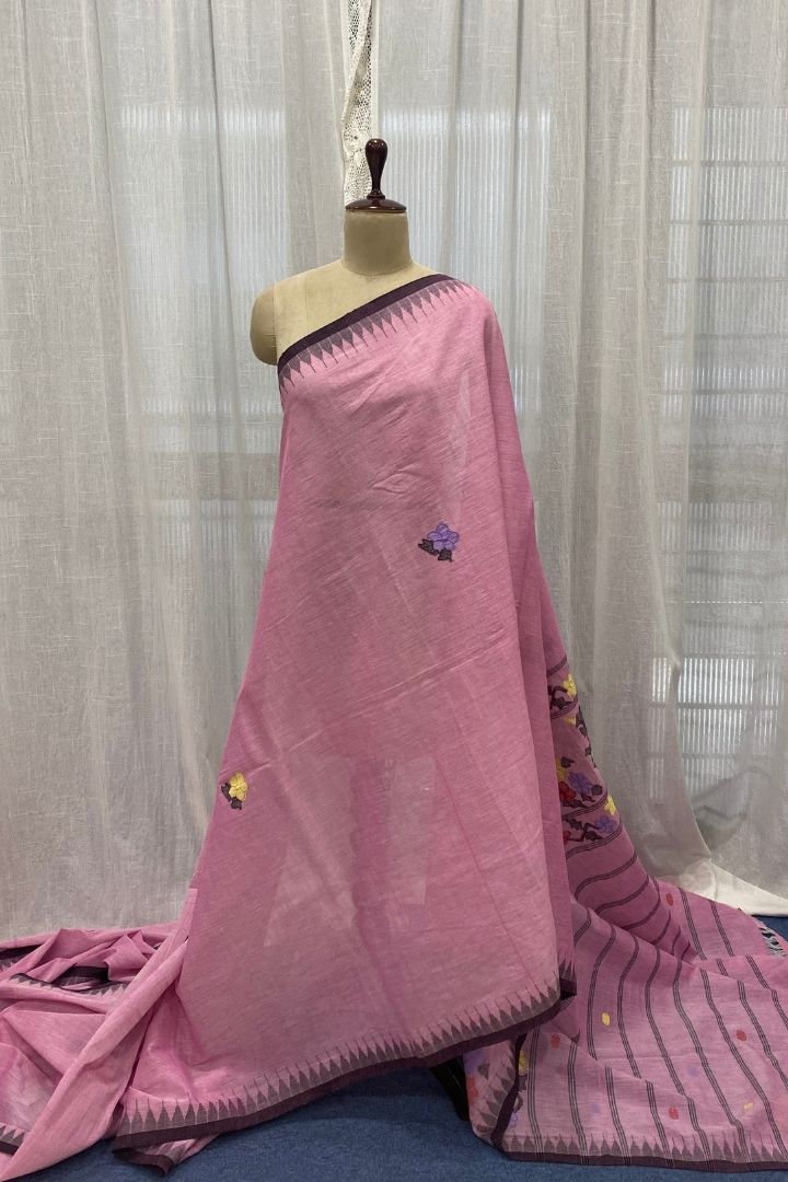 Mauve Moirang Phee Cotton Saree with Floral Buttis