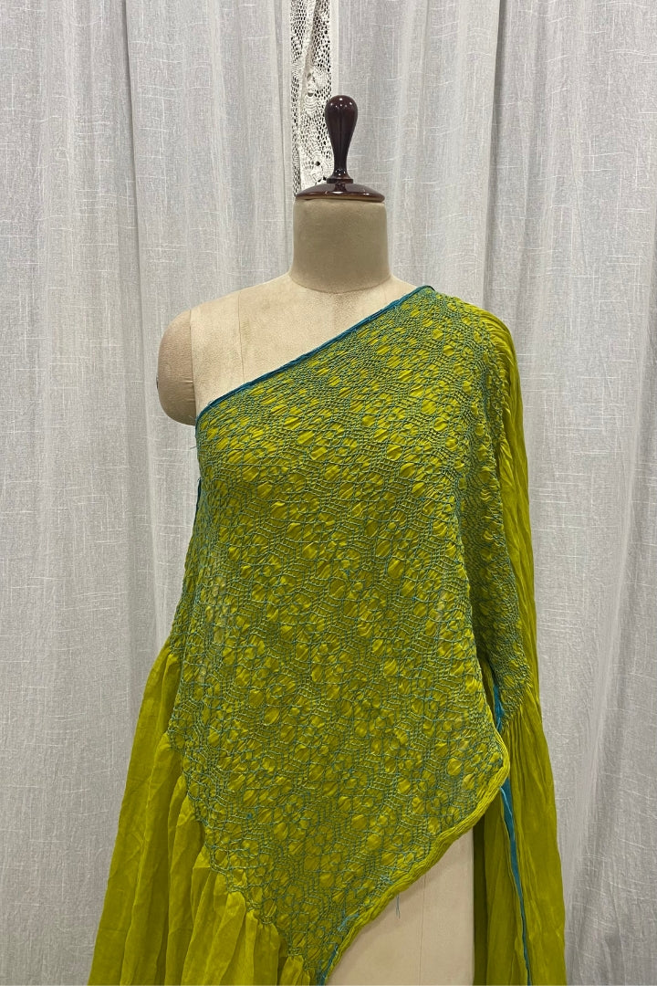 Green Smocking Muslin Saree with Blue Border