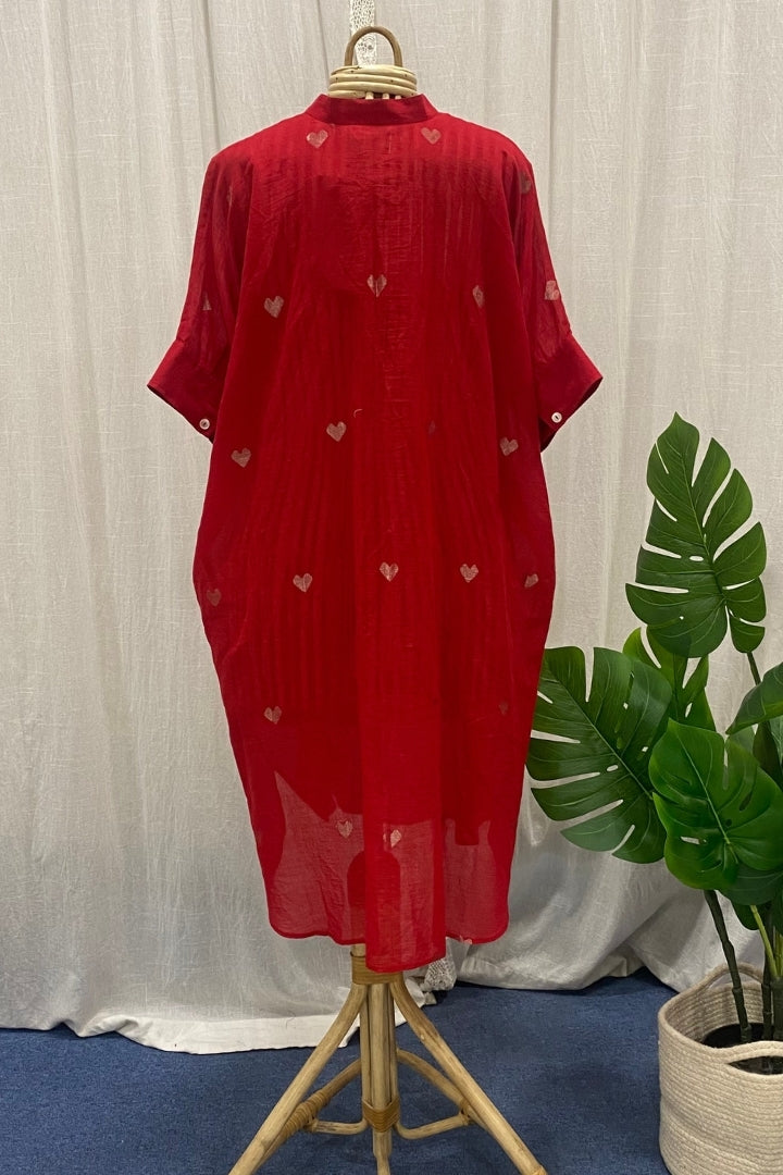 Crimson Red Muslin Jamdani Baggy Dress with Heart Buttis