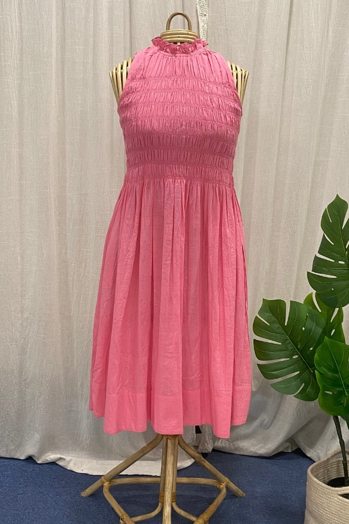 Soft Rose Pink Muslin Handwoven Dress with Gathered Detailing