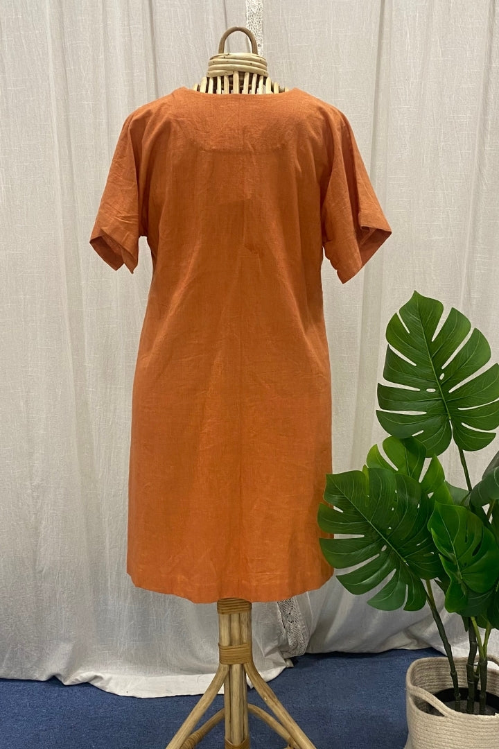Rust Brown Handspun Khadi Dress with Contrast White Jamdani Pocket Detail