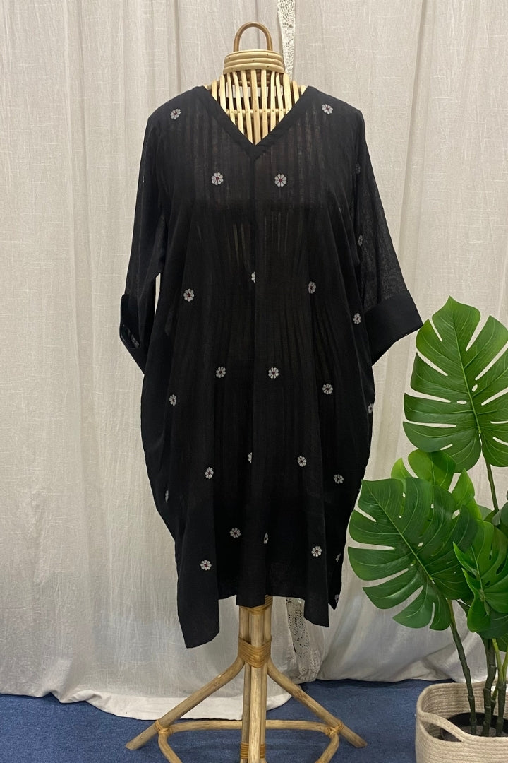 Black Muslin Jamdani V-Neck Dress with Flower Buttis