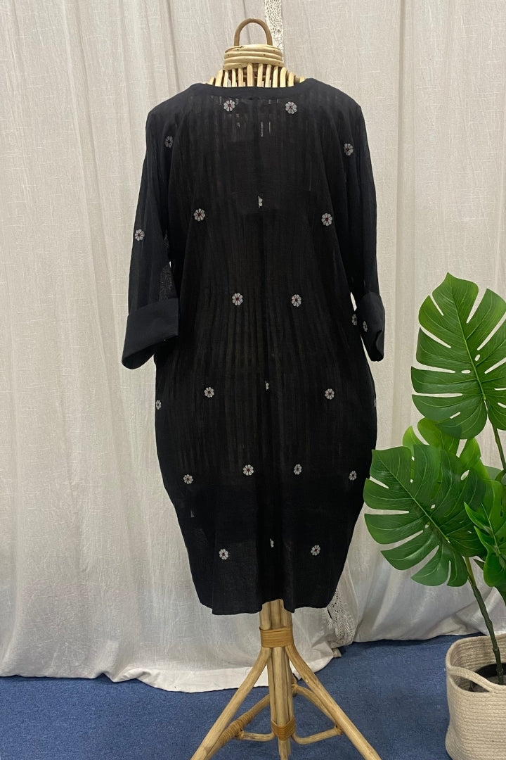 Black Muslin Jamdani V-Neck Dress with Flower Buttis