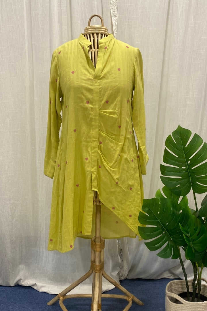 Lime Green Muslin Jamdani Dress with Front Pleats