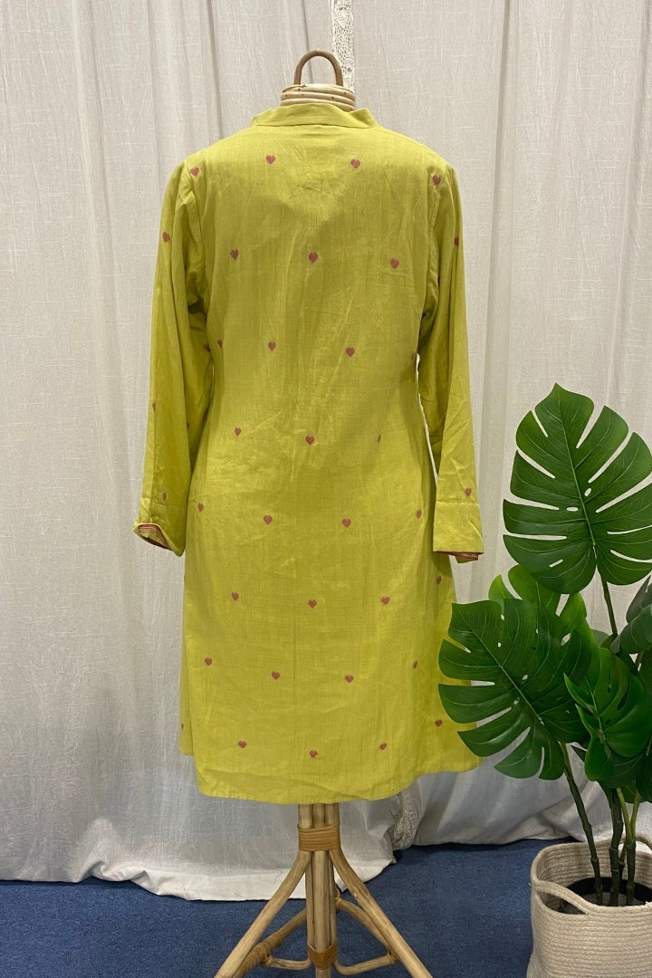 Lime Green Muslin Jamdani Dress with Front Pleats