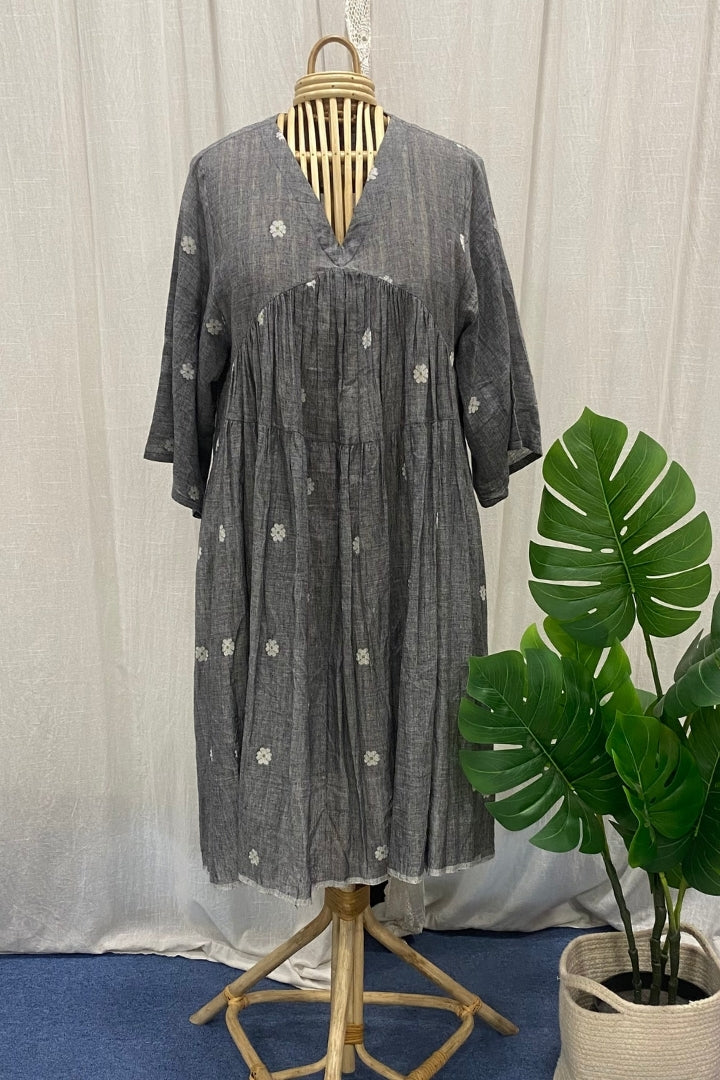 Grey Handwoven Muslin Jamdani Dress