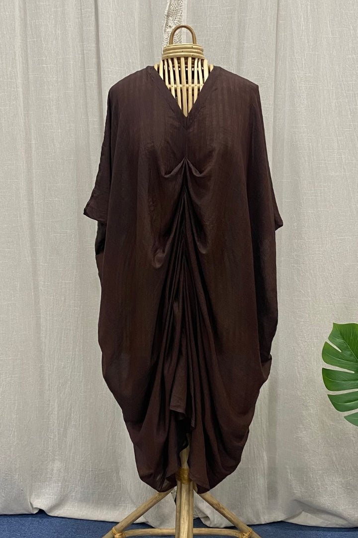Brown Handwoven Cotton-Silk Draped Midi Dress